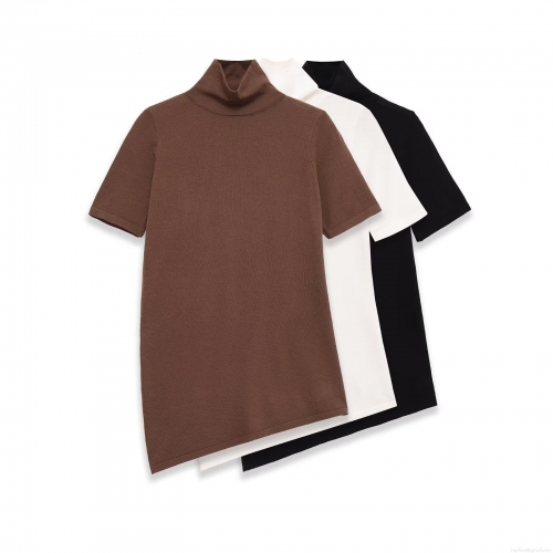 Women's Casual High Neck Short Sleeve T-Shirt With Asymmetric Hem Soft Knit Solid Color Tee Top For Daily Streetwear Women