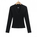 Women's Casual V Neck Long Sleeve T-Shirt Viscose Cotton Elastane Blend Ribbed Slim Fit Solid Color Breathable Top For Daily Wear
