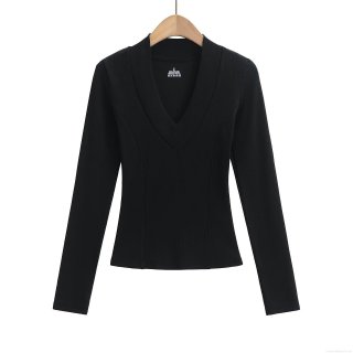 Women's Casual V Neck Long Sleeve T-Shirt Viscose Cotton Elastane Blend Ribbed Slim Fit Solid Color Breathable Top For Daily Wear