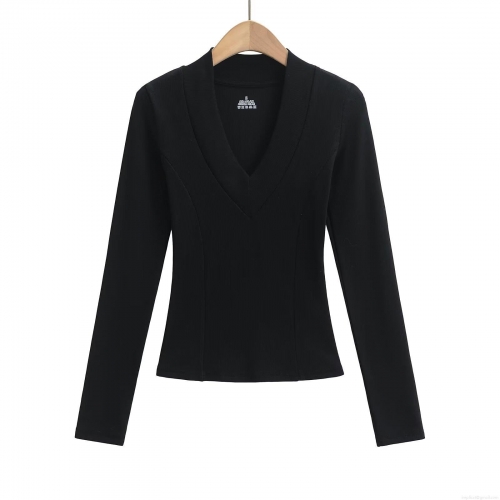 Women's Casual V Neck Long Sleeve T-Shirt Viscose Cotton Elastane Blend Ribbed Slim Fit Solid Color Breathable Top For Daily Wear