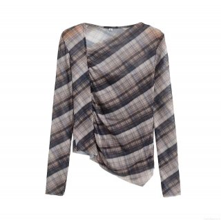 Women Plaid Mesh Long Sleeve T-Shirt Casual Ruched Asymmetrical Hem Polyester Netting Top Retro Streetwear Fashion Clothing