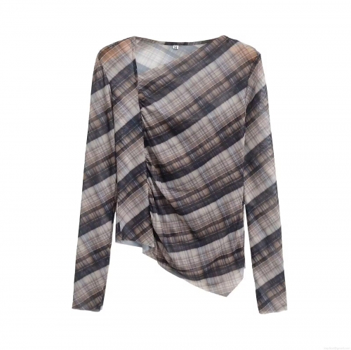 Women Plaid Mesh Long Sleeve T-Shirt Casual Ruched Asymmetrical Hem Polyester Netting Top Retro Streetwear Fashion Clothing