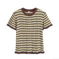 Women's Striped Knit T-Shirt Contrast Color Ribbed Short Sleeve Round Neck Casual Retro Pullover Top With Ruffle Hem For Women Daily Wear