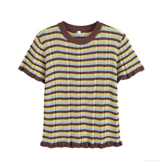 Women's Striped Knit T-Shirt Contrast Color Ribbed Short Sleeve Round Neck Casual Retro Pullover Top With Ruffle Hem For Women Daily Wear