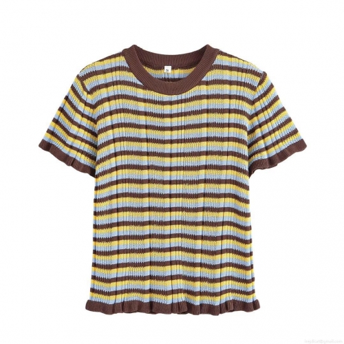 Women's Striped Knit T-Shirt Contrast Color Ribbed Short Sleeve Round Neck Casual Retro Pullover Top With Ruffle Hem For Women Daily Wear