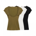 Women's Sexy Square Neck Ribbed Knit Short Sleeve T-Shirt Slim Fit Solid Color Casual Summer Basic Tee Top For Daily Wear