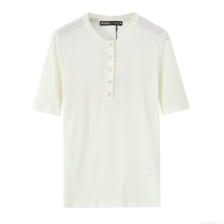 Women's Casual Henley Neck Short Sleeve T-Shirt Loose Fit Button Front Tee Summer Linen Texture Solid Color Top for Women