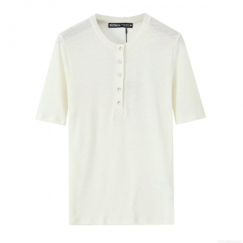 Women's Casual Henley Neck Short Sleeve T-Shirt Loose Fit Button Front Tee Summer Linen Texture Solid Color Top for Women