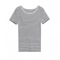 Women Striped Short Sleeve T-Shirt Ribbed Knit Slim Fit Crew Neck Top Casual Summer European Style Basic Polyester Tee For Daily Travel Wear