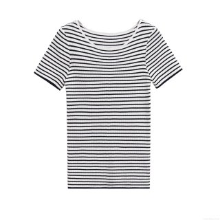 Women Striped Short Sleeve T-Shirt Ribbed Knit Slim Fit Crew Neck Top Casual Summer European Style Basic Polyester Tee For Daily Travel Wear