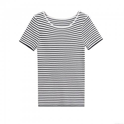 Women Striped Short Sleeve T-Shirt Ribbed Knit Slim Fit Crew Neck Top Casual Summer European Style Basic Polyester Tee For Daily Travel Wear