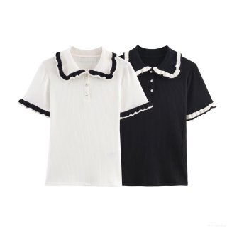 Women Contrast Color Wood Ear Edge Ribbed Knit POLO T-Shirt Loose Short Sleeve Polyester Top With Rhinestone Buttons Casual Summer Streetwear Fashion