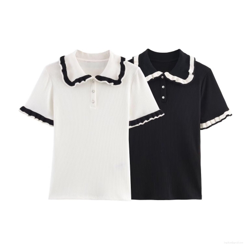 Women Contrast Color Wood Ear Edge Ribbed Knit POLO T-Shirt Loose Short Sleeve Polyester Top With Rhinestone Buttons Casual Summer Streetwear Fashion