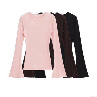 Women Flare Sleeve Ribbed Knit T-Shirt Slim Fit Round Neck Long Sleeve Polyester Casual Streetwear Top for Women Pink Brown Black