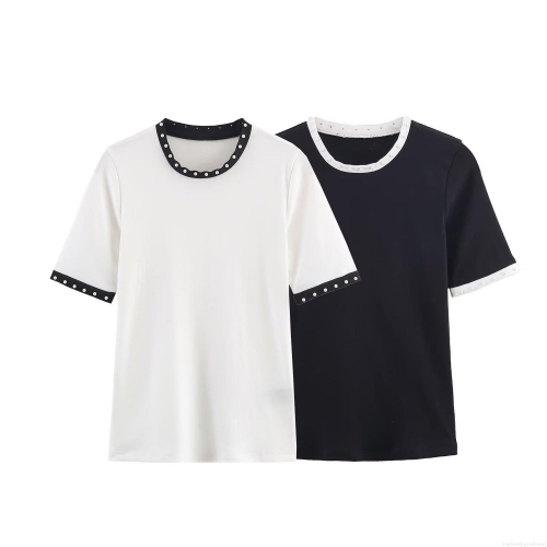 Women Round Neck Short Sleeve T-Shirt With Artificial Pearl Trim Contrast Piping Knit Top Casual Street Style Slim Fit Tee For Ladies
