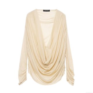 Women's Sexy Deep V Neck Ruched Long Sleeve T-Shirt Elegant Draped Neckline Slim Fit Pleated Solid Color Beige Top Casual Lightweight Knit Blouse