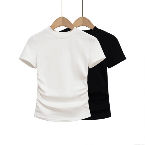 Women's Slim Fit Short Sleeve T-Shirt Ruched Side Solid Color Round Neck Pullover Top Elastic Polyester Casual Tee Streetwear For Women