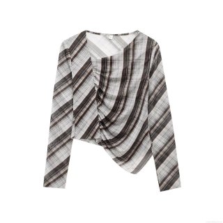 Women's Sexy Mesh Sheer T-Shirt Long Sleeve Asymmetric Irregular Hem Ruched Diagonal Stripe Plaid Casual Top Streetwear