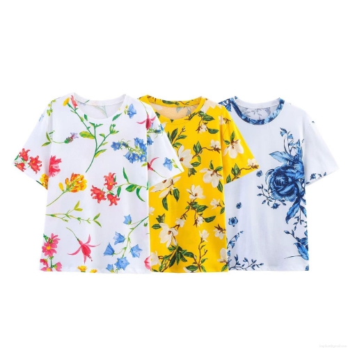 Women's Casual Floral Print Round Neck Short Sleeve T-Shirt Loose Fit Polyester Knit Summer Top Fashion Streetwear T-Shirt For Women