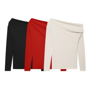 Women Asymmetrical Slant Neck Long Sleeve T-Shirt Ribbed Knit Off Shoulder Slim Fit Sexy Casual Solid Color Streetwear Fashion Tee Top