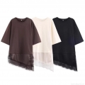 Women's Casual Lace Patchwork T-Shirt Oversized Loose Short Sleeve Top With Irregular Satin Hem Polyester Breathable Tee For Streetwear Daily Party
