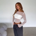 Women Sexy Mesh See-Through Long Sleeve Crop Top Two Piece Set With Inner Camisole Solid Color Transparent Mesh Tee Shirt Streetwear Party Top