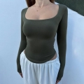 Women's Square Neck Long Sleeve T-Shirt Sexy Cropped Slim Fit Ribbed Knit Top Solid Color Polyester Spandex Tee For Daily Wear Casual Clothing