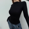 Women's Sexy Backless Long Sleeve T-Shirt Lace Patchwork Ribbed Mock Neck Slim Fit Crop Top Solid Color Casual Streetwear