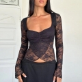 Women Sexy Lace Long Sleeve Top See Through Floral Mesh T-Shirt Slim Fit Elegant V-Neck Blouse French Retro Party Wear Streetwear Casual Chic Apparel