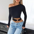 Women Sexy One Shoulder Long Sleeve T-Shirt Hollow Out Metal Ring Decor Slim Fit Crop Top Asymmetric Streetwear Party Clubwear Top