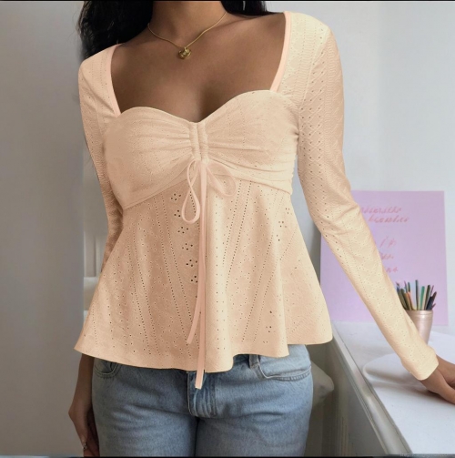 Women Eyelet Lace T-Shirt Polyester Spandex Long Sleeve Square Neck Drawstring Peplum Top Casual Slim Fit Blouse For Women
