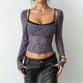 Women's Sexy Leopard Print Mesh Long Sleeve T-Shirt Slim Fit See-Through Fake Two-Piece U-Neck Crop Top Y2K Streetwear Party Clubwear