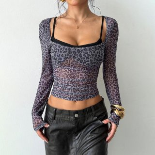Women's Sexy Leopard Print Mesh Long Sleeve T-Shirt Slim Fit See-Through Fake Two-Piece U-Neck Crop Top Y2K Streetwear Party Clubwear