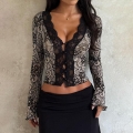 Sexy Deep V Neck Lace Patchwork Blouse Women Long Sleeve Button Down Slim Fit Floral Hollow Out Top Streetwear Clubwear Black