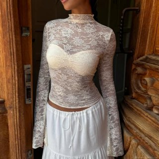 Women's Sexy See-Through Lace Long Sleeve T-Shirt Elegant Floral Hollow Out Mock Neck Slim Fit Top For Spring Summer Daily Party