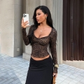 Women's Sexy Leopard Print Long Sleeve Crop Top Polyester Slim Fit U-Neck Lettuce Hem T-Shirt Streetwear Party Clubwear Short Top
