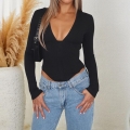 Women Sexy Deep V-Neck Long Sleeve T-Shirt Slim Fit Corset Style Fishbone Ribbed Knit Pullover Top For Streetwear Daily Dating Solid Color Sexy Clubwear