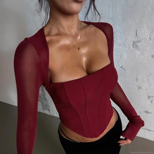 Women's Sexy Corset Top Slim Fit Patchwork Viscose Mesh Long Sleeve Square Neck Backless Top With Zipper Solid Color Bodycon Shirt For Party Clubwear