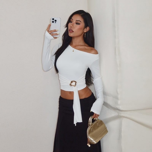 Sexy Women's Asymmetric One Shoulder Long Sleeve Top Polyester Blend Slim Fit Crop T-Shirt With Metal Ring Detail For Party Clubwear