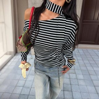 Women's Striped Long Sleeve T-Shirt Asymmetric Halter Neck Off Shoulder Ribbed Knit Top Slim Fit Streetwear Casual Tee