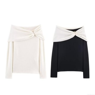 Women's Sexy Off-The-Shoulder Knit Top Long Sleeve Contrast Color Slim Fit T-Shirt With Metal Pin Decoration Elegant Streetwear Blouse Autumn Fashion Casual Shirt