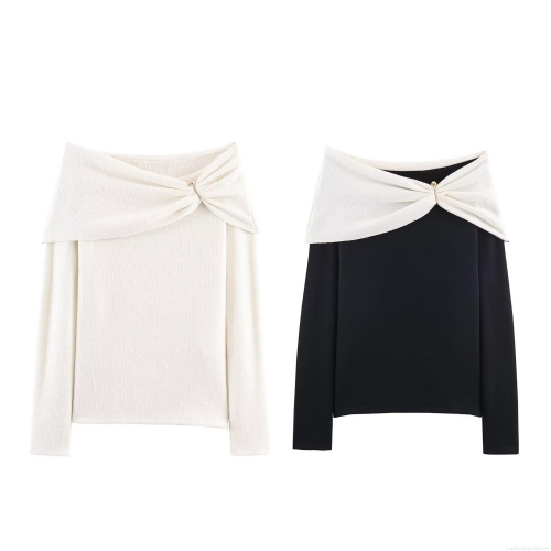 Women's Sexy Off-The-Shoulder Knit Top Long Sleeve Contrast Color Slim Fit T-Shirt With Metal Pin Decoration Elegant Streetwear Blouse Autumn Fashion Casual Shirt