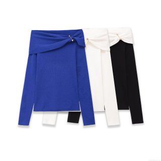 Women Off Shoulder Knit Long Sleeve Top Sexy Twist Knot Boat Neck T-Shirt With Gold Metal Buckle Solid Color Ribbed Slim Fit Casual Blouse For Daily Dating Lady