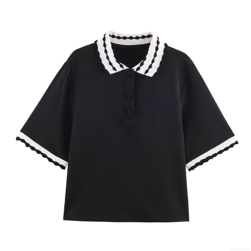 Women Elegant Contrast Scalloped Trim Polo Shirt Fashion Casual Short Sleeve Pullover Top Polyester Black White Ladies Summer Fashion Tee