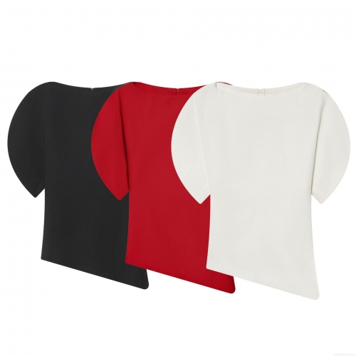 Women's Fashion Asymmetric Hem Top Elegant Boat Neck Puff Sleeve Solid Color Polyester Blouse Short Sleeve Casual Streetwear T-Shirt For Women