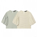 Women's Casual Gingham Plaid Seersucker Top Fashion Puff Sleeve Round Neck Short Sleeve Blouse Streetwear Summer T-Shirt For Women