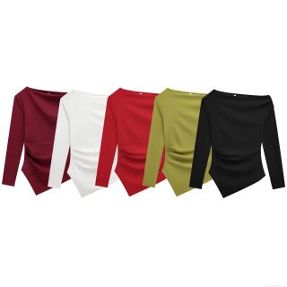 Women's Asymmetrical Neck T-Shirt Long Sleeve Ruched Slim Fit Polyester Top Solid Color Casual Streetwear Blouse For Women