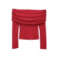 Women's Sexy Off-Shoulder Ruched Long Sleeve Chiffon T-Shirt Slim Fit Solid Red Blouse With Back Zipper Elegant Streetwear Party Top For Ladies