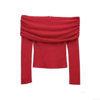 Women's Sexy Off-Shoulder Ruched Long Sleeve Chiffon T-Shirt Slim Fit Solid Red Blouse With Back Zipper Elegant Streetwear Party Top For Ladies