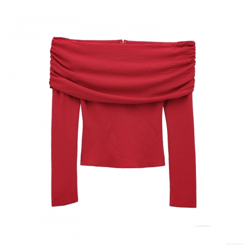 Women's Sexy Off-Shoulder Ruched Long Sleeve Chiffon T-Shirt Slim Fit Solid Red Blouse With Back Zipper Elegant Streetwear Party Top For Ladies